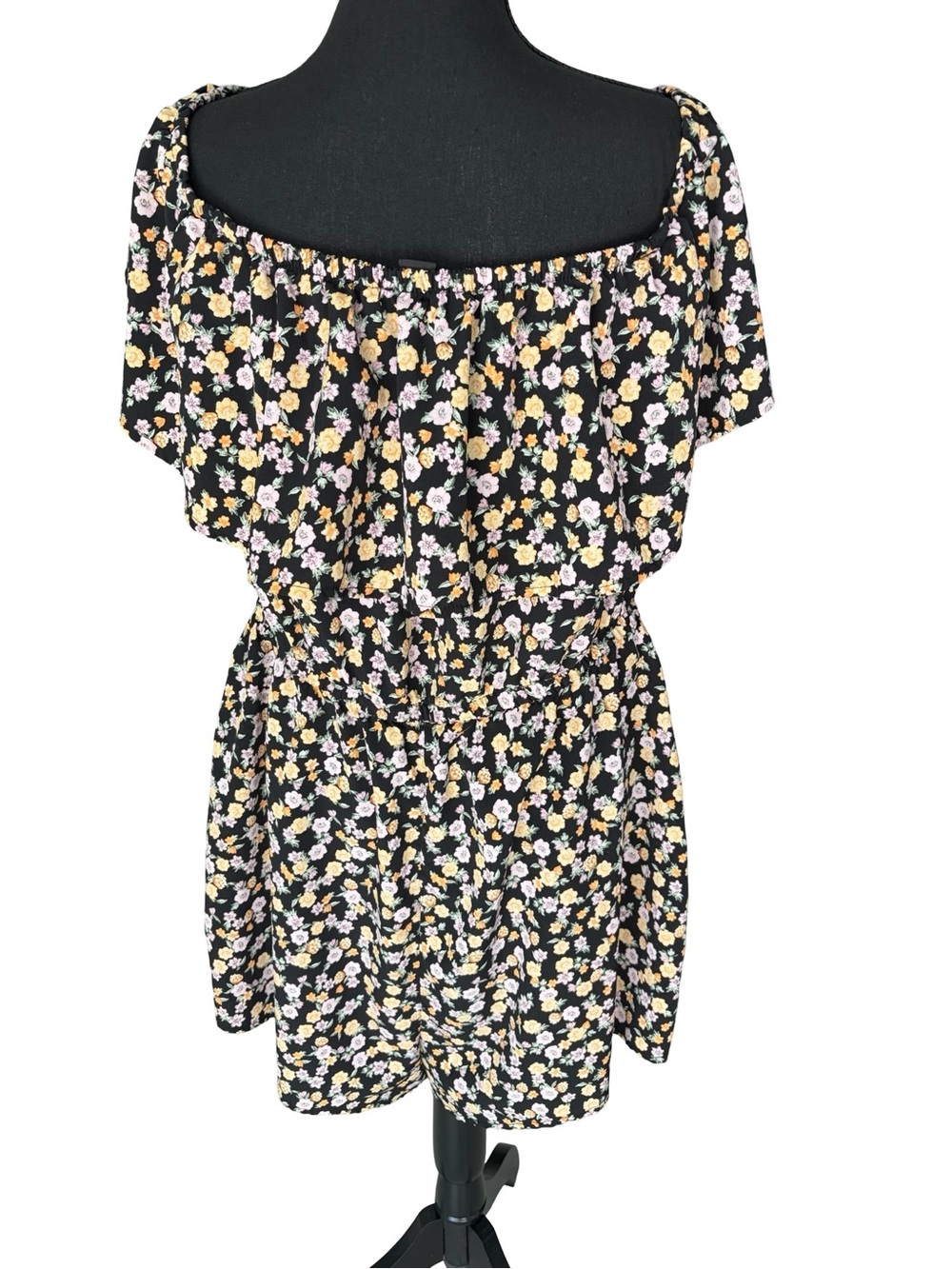 Off-Shoulder Floral Romper in Black with Yellow & Pink Flowers